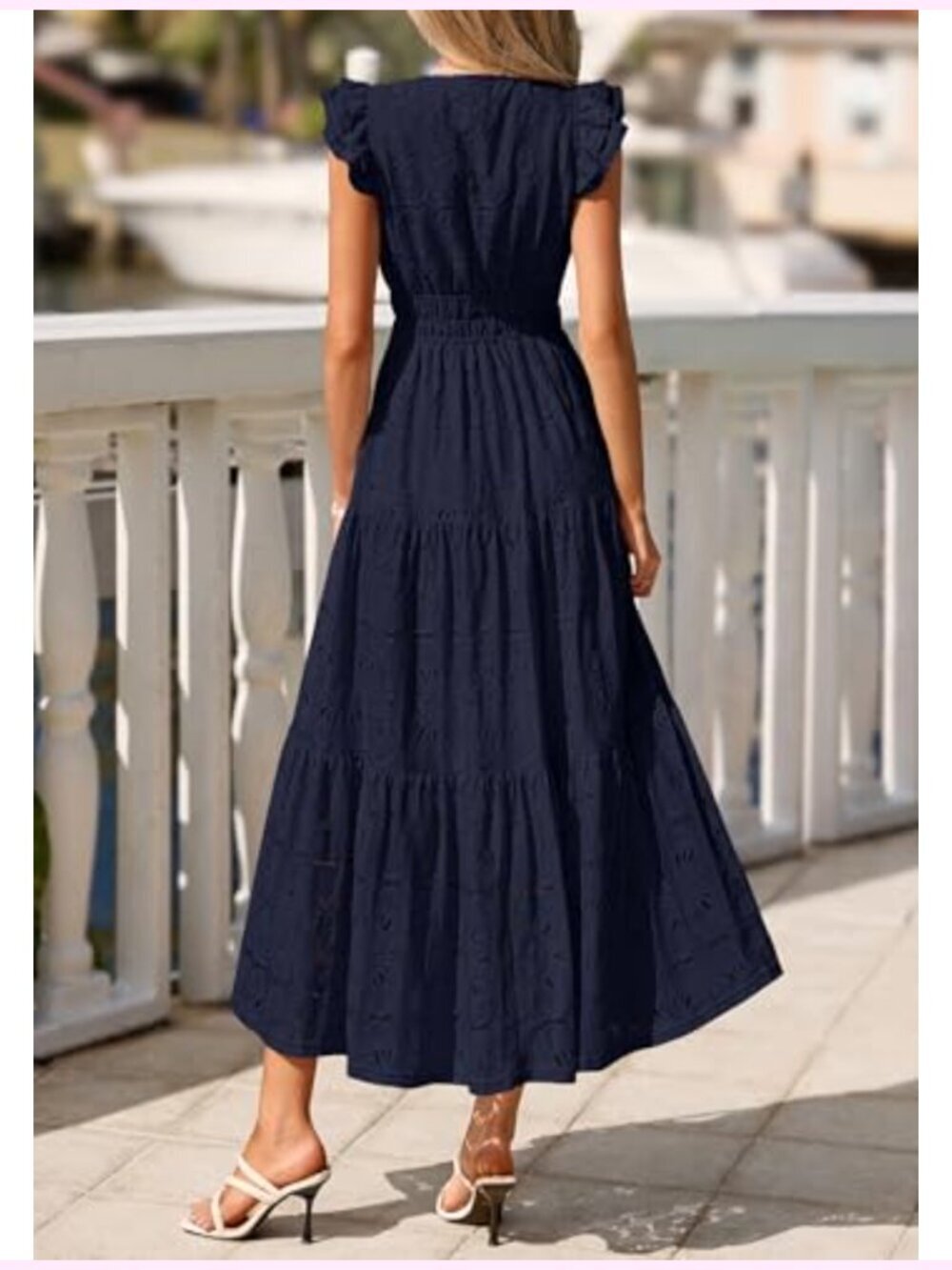 Boho Eyelet Maxi Dress V-Neck Flutter Sleeve Tiered Ruffle A-Line Wedding Guest - Picture 3 of 6